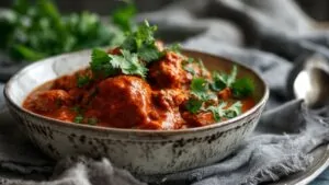 A rustic bowl filled with moambe chicken, topped with fresh cilantro and served on a gray cloth