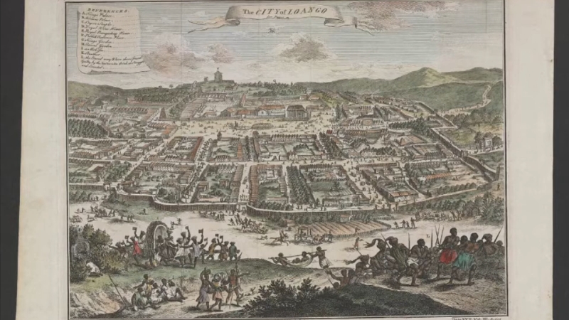 Historic illustration of the city of Loango showing organized streets, buildings, and groups of people in Central Africa