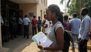 A young woman, documents in hand, waits patiently in line outside a government building