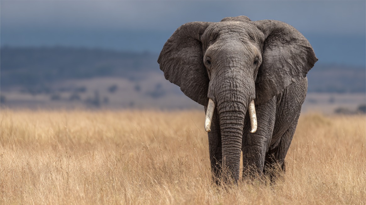 An African elephant standing in tall dry grass, facing forward with tusks visible