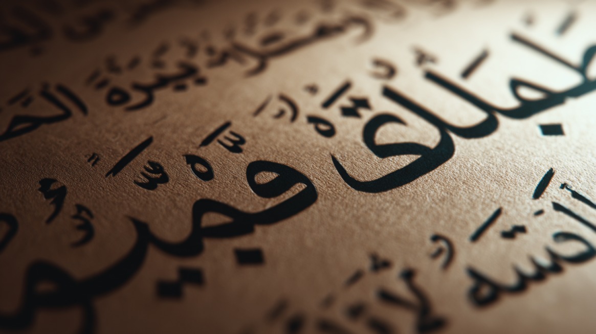 Close-up of Arabic calligraphy written in black ink on parchment paper