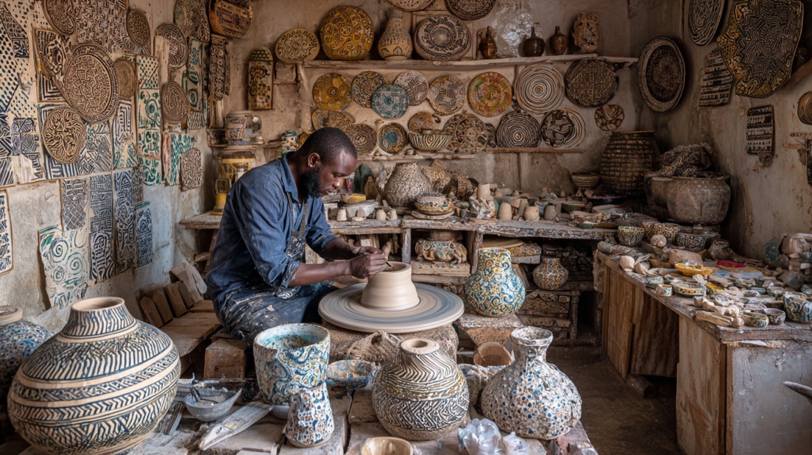 A man shaping clay on a pottery wheel surrounded by colorful handcrafted ceramics in Grand-Bassam