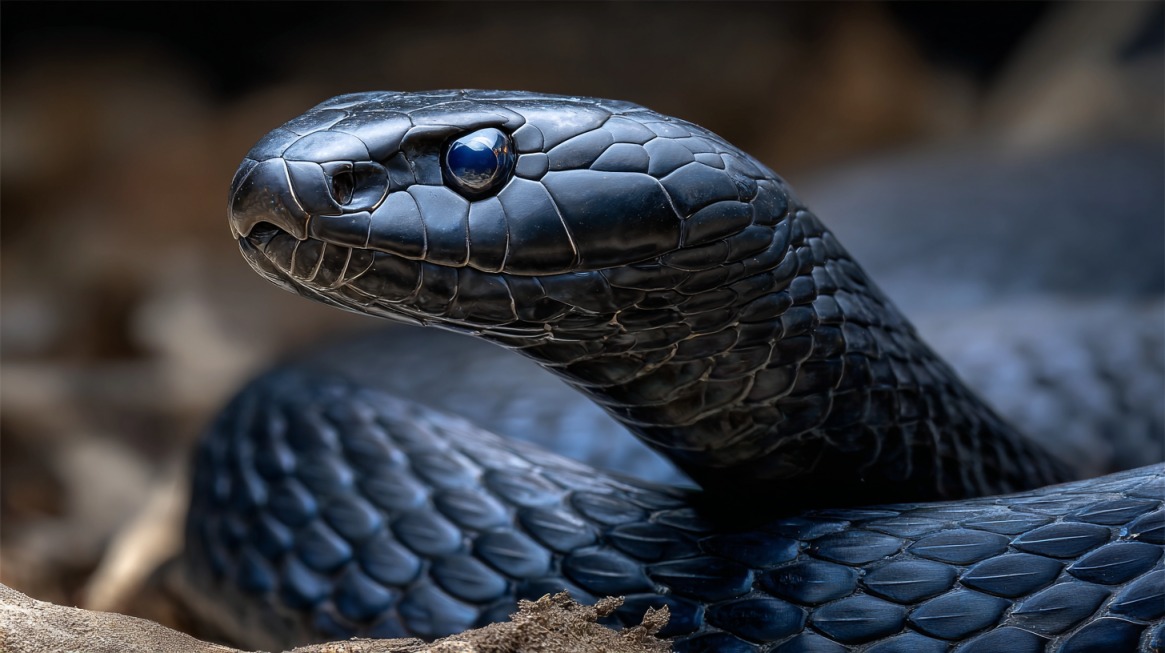 Close-up of a Black Mamba snake with shiny dark scales and piercing eyes