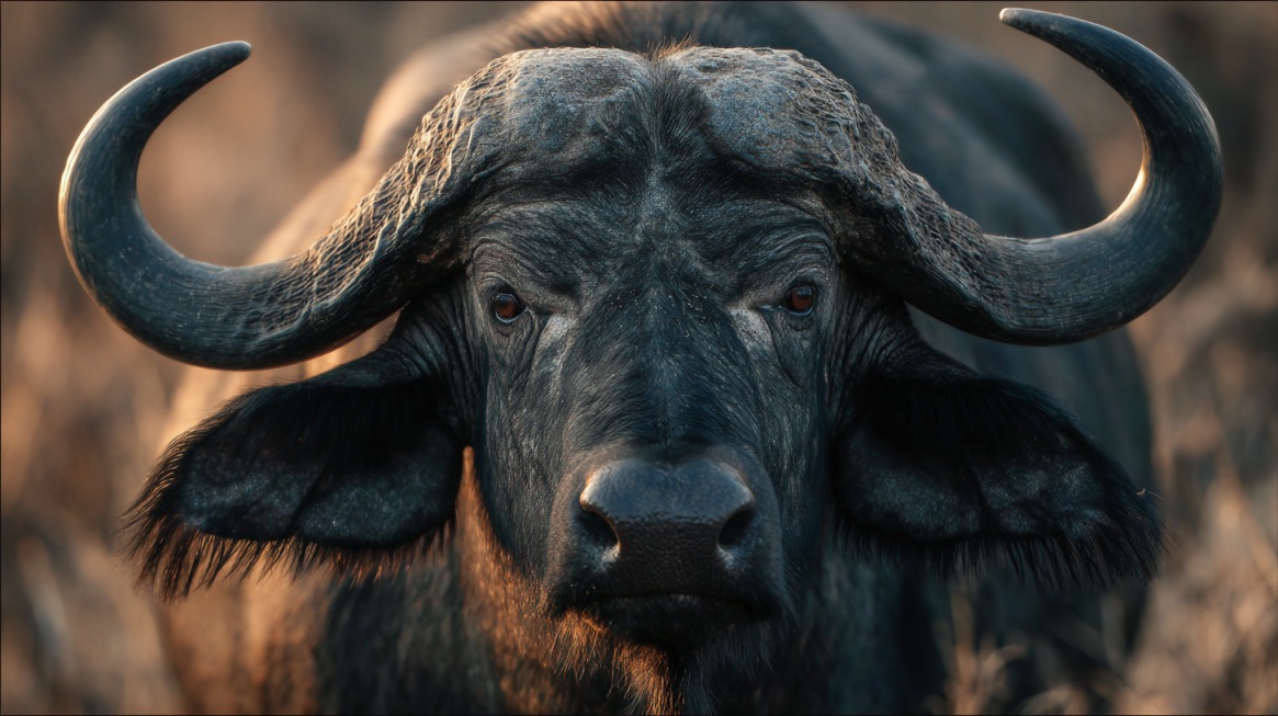 Close-up of a Cape buffalo with large curved horns staring directly at the camera