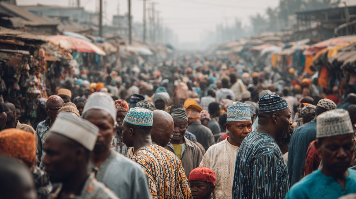 Busy West African market crowded with people in traditional attire, showcasing diversity and daily life