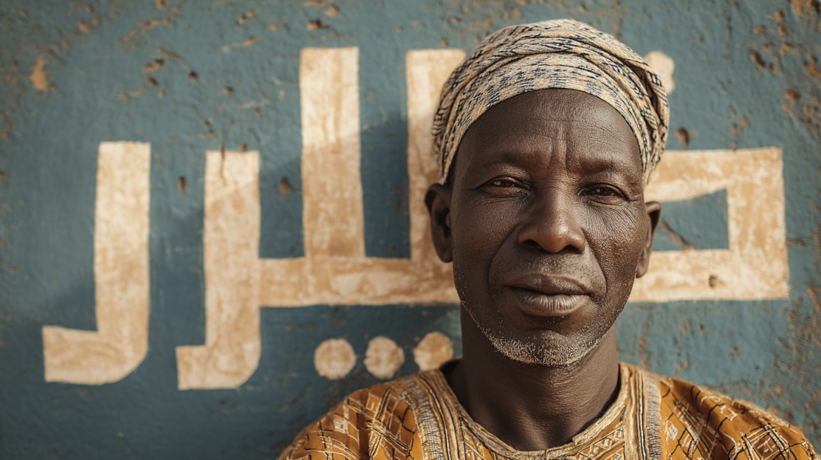 Portrait of a man in traditional attire standing in front of a wall with writing, symbolizing Fula language heritage