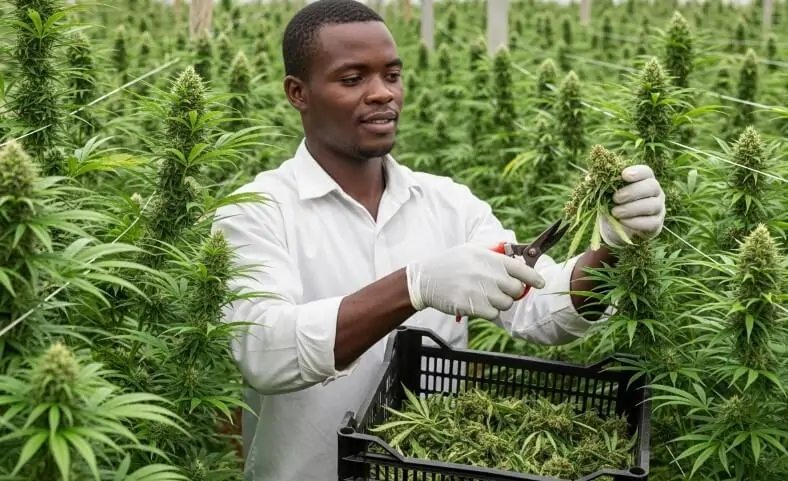 A farmer carefully harvests cannabis buds in a greenhouse