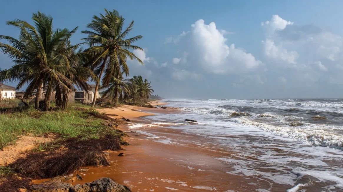 Tropical beach with palm trees, golden sand, and ocean waves at Grand-Bassam