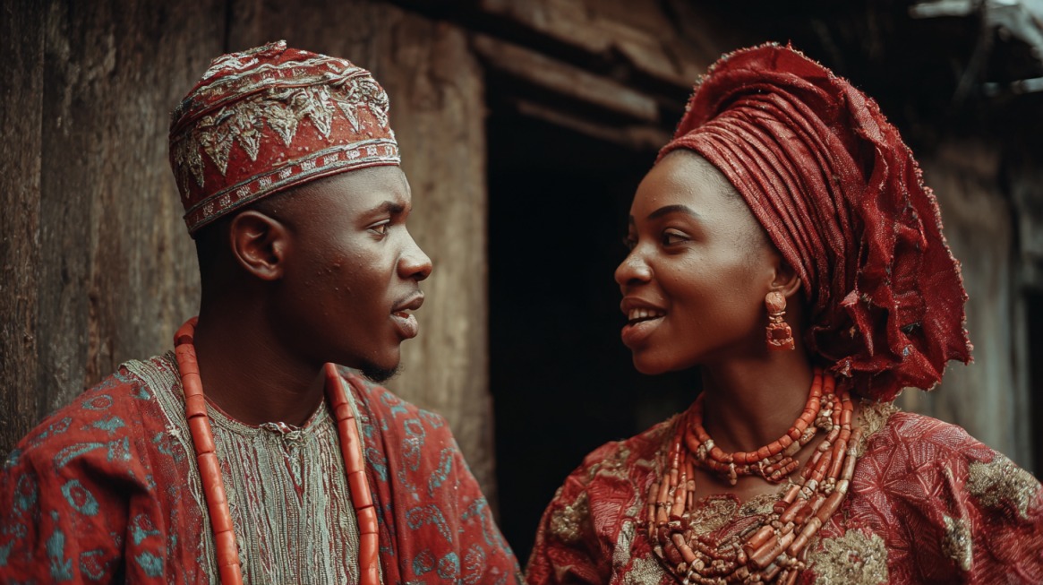 Man and woman in traditional Nigerian attire speaking to each other outdoors