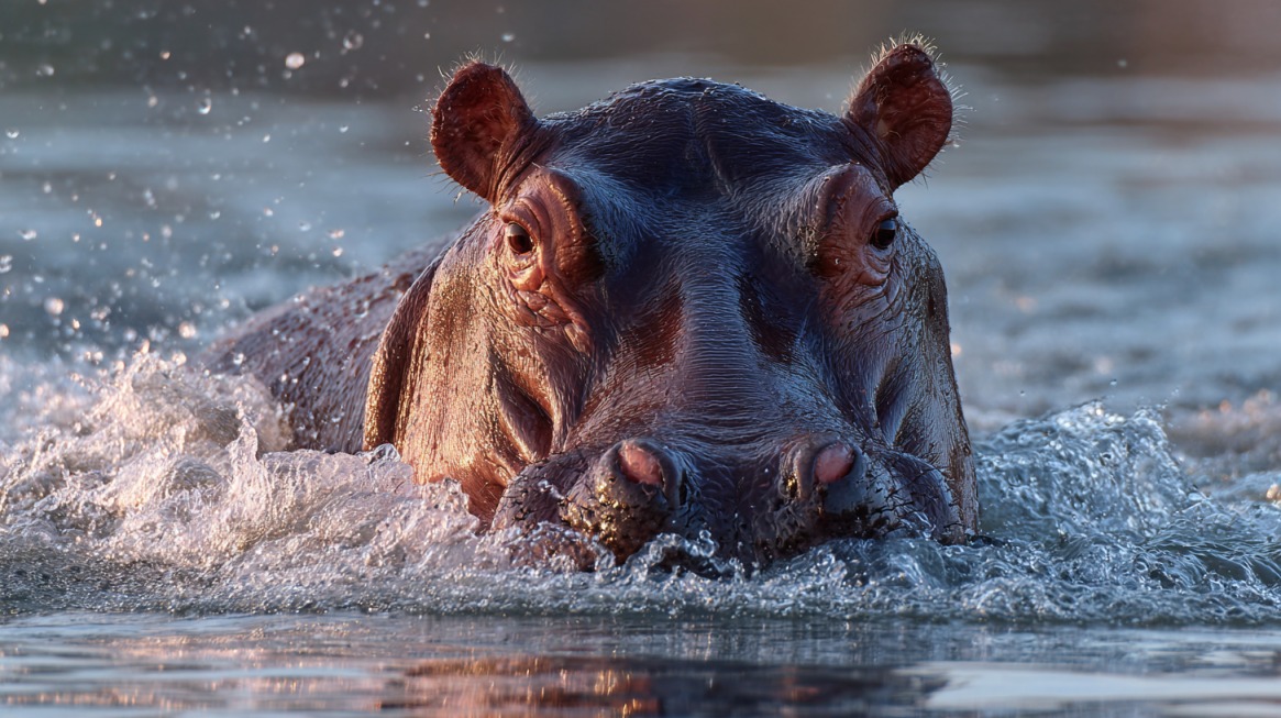 Close-up of a hippopotamus emerging from water with splashes around its head