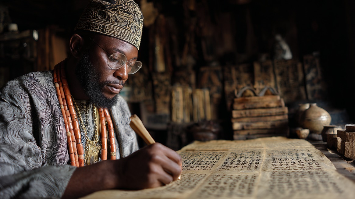 Man in traditional attire writing Igbo script on parchment, surrounded by cultural artifacts