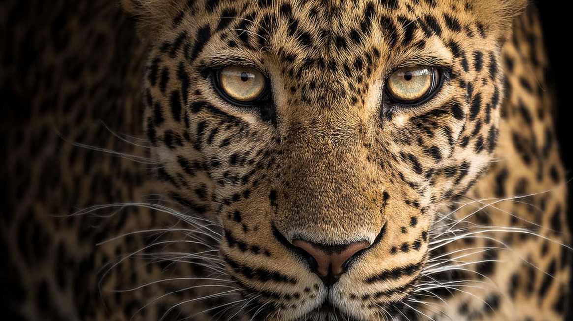 Close-up of a leopard’s face showing golden eyes and spotted fur