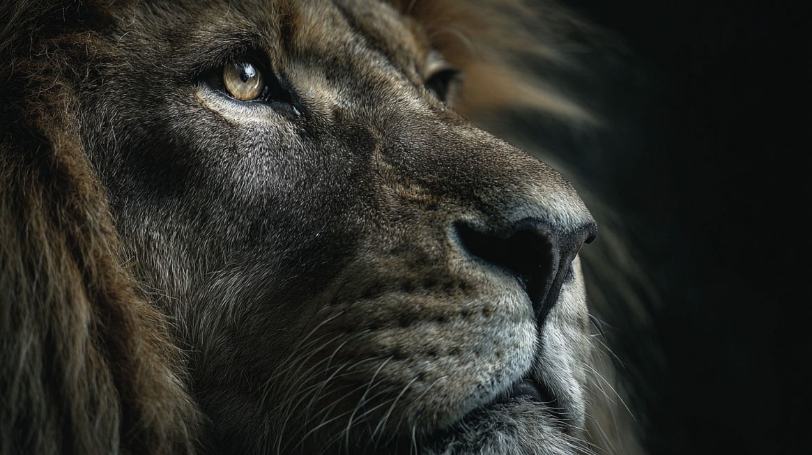 Close-up of a lion’s face in dramatic lighting, showing its eye and mane in detail