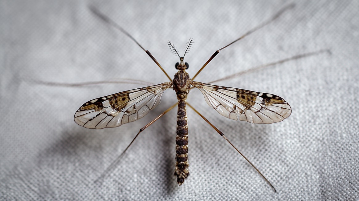 Close-up of a malaria mosquito with detailed wings and body on a light surface
