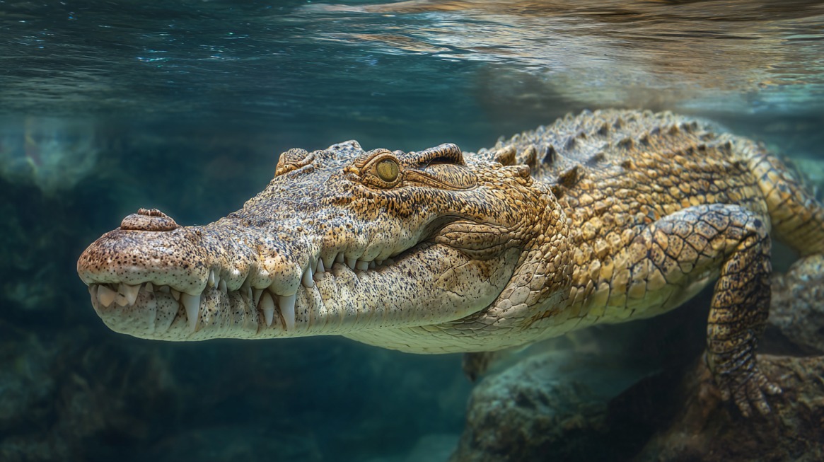 Close-up of a Nile crocodile underwater, showing its teeth and textured skin