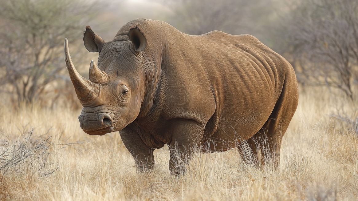 Black rhinoceros standing in dry grassland with large front horn