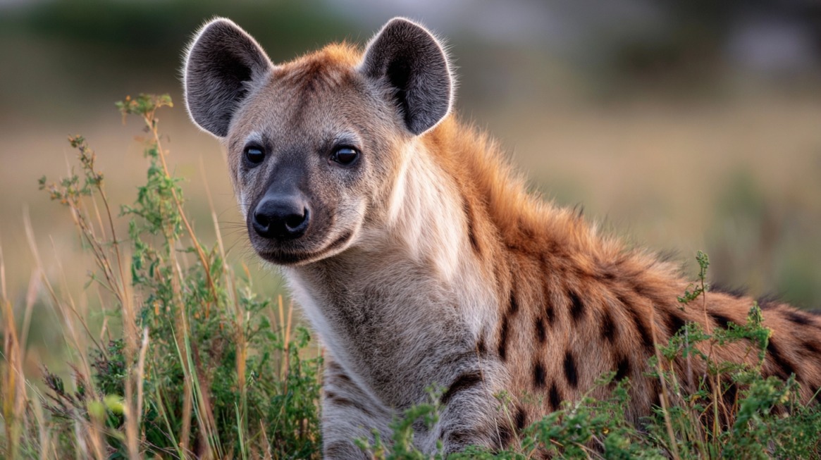 Spotted hyena resting in grass with alert expression and spotted coat