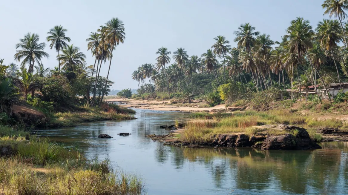 Scenic view of the Comoë River with palm trees and greenery along its banks in Grand-Bassam