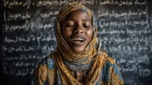 Young woman in patterned headscarf smiling with eyes closed in front of a chalkboard with writing
