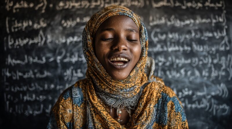 Young woman in patterned headscarf smiling with eyes closed in front of a chalkboard with writing