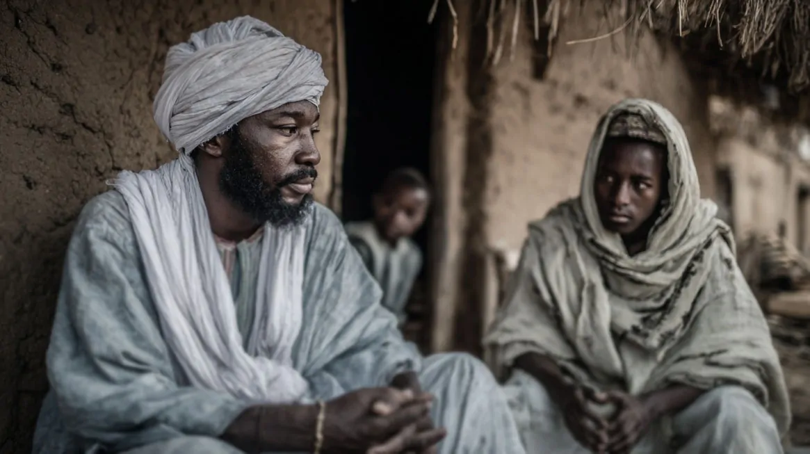 Two men dressed in traditional West African attire sitting outside a mud-walled building, engaged in conversation