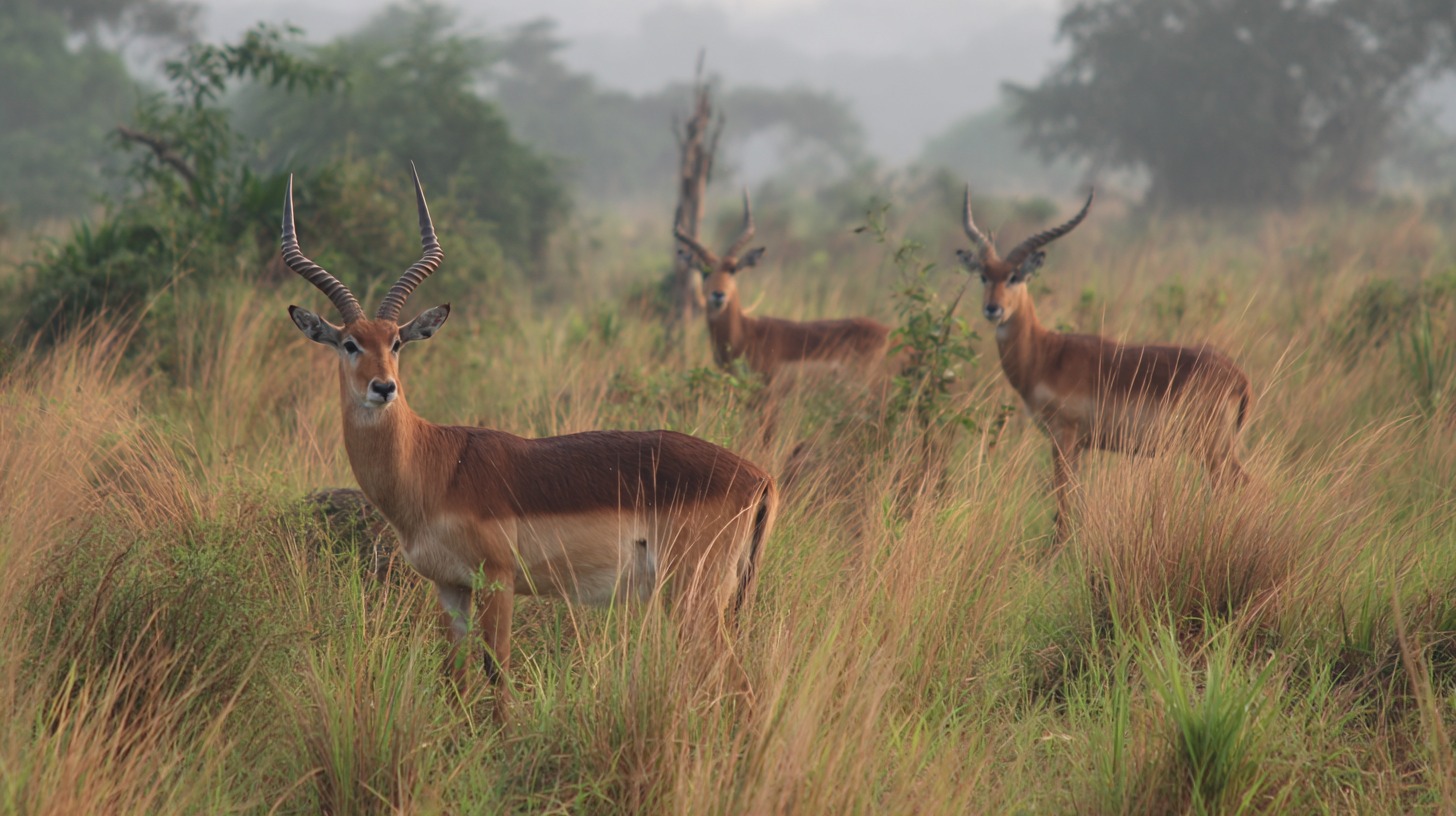 A group of antelopes with tall horns standing in tall grass in Yankari National Park
