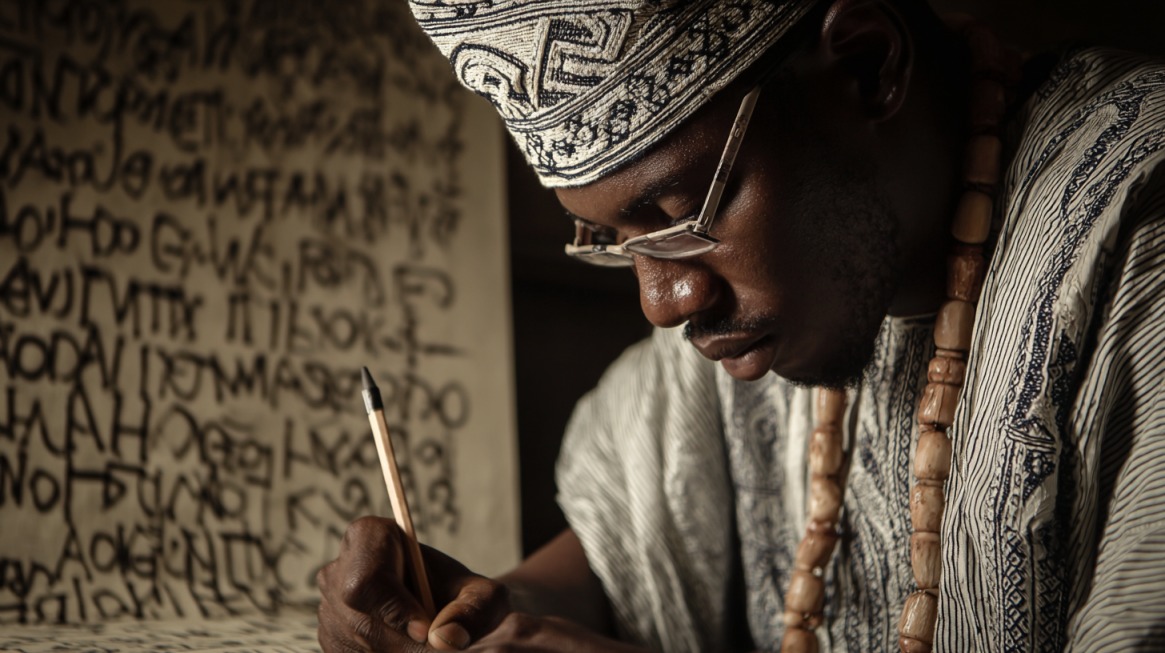 Man in traditional attire writing with focus, Yoruba script in the background
