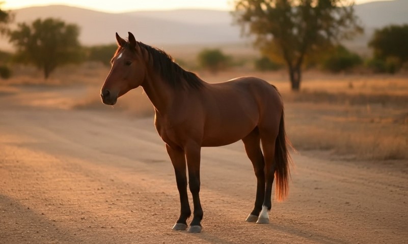 A horse stands on a dirt road at sunset