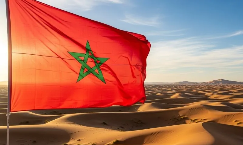 The Moroccan flag waving over the undulating Sahara landscape at sunset