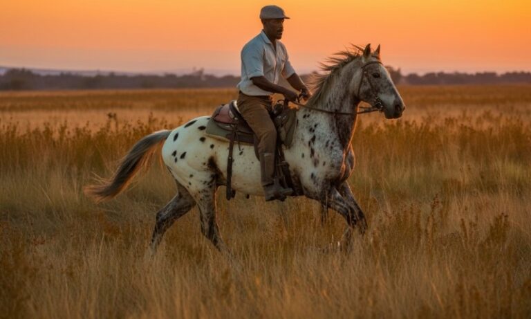 A man rides a horse through a golden field during a vibrant sunset