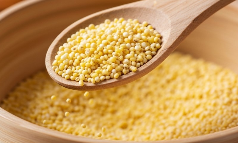 Yellow millet seeds are displayed in a rustic wooden bowl