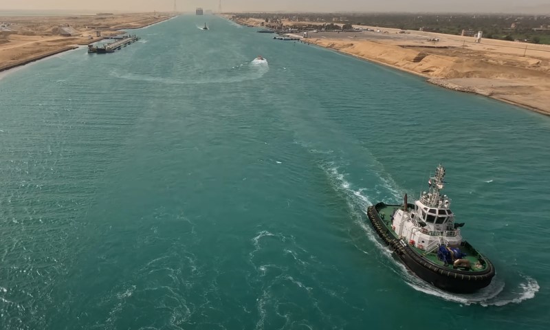 Drone view of ships going through Suez Canal