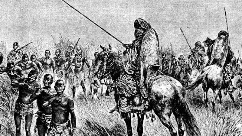 An illustration of Fulani horsemen leading captives during the 19th-century jihads