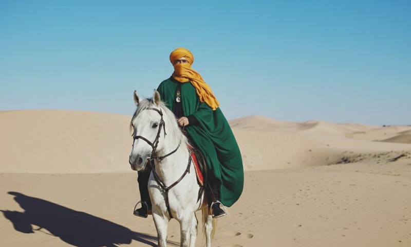 Figure draped in emerald green and a vibrant saffron turban, astride a striking white horse