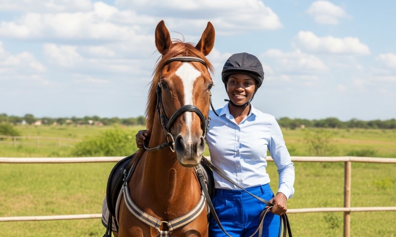 Young Black woman in riding helmet smiling beside a brown horse