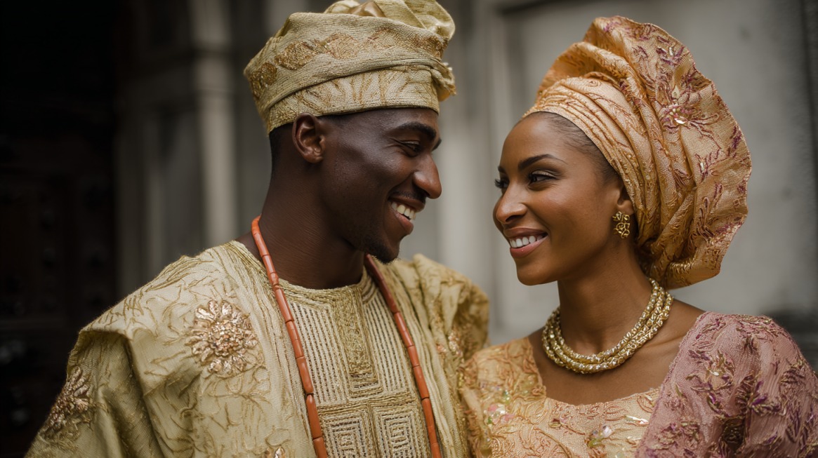 Smiling couple dressed in coordinated traditional West African wedding attire with headwrap and beads