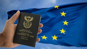 South African passport held in front of the EU flag, symbolizing Schengen Zone entry rules for African passports