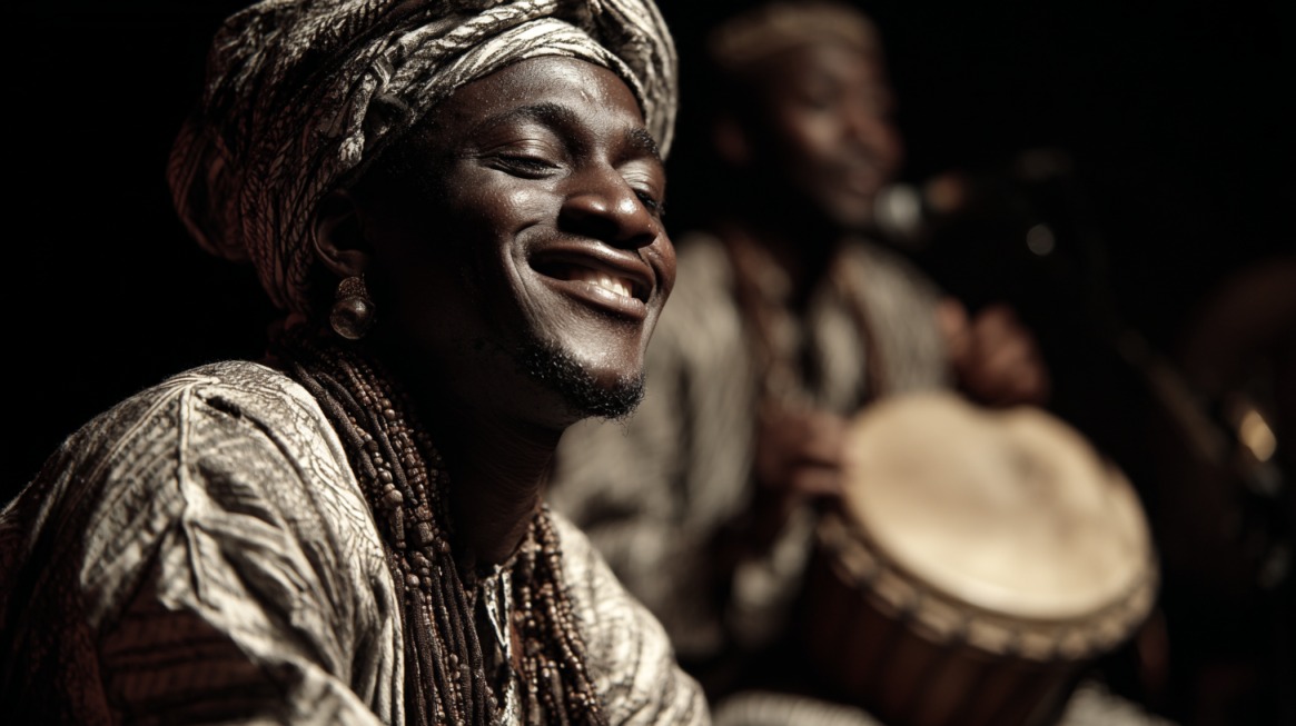 Smiling performer in traditional attire playing drums during a cultural music performance