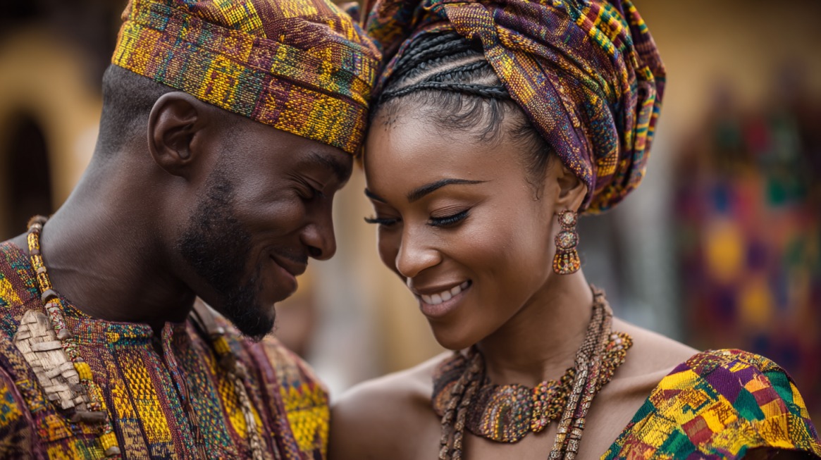 Couple wearing colorful West African attire and headwraps smiling closely together
