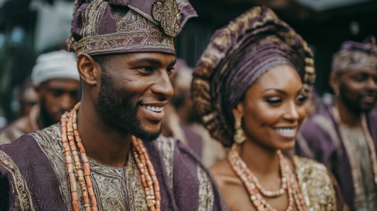 Couple dressed in traditional West African wedding attire smiling during a ceremony