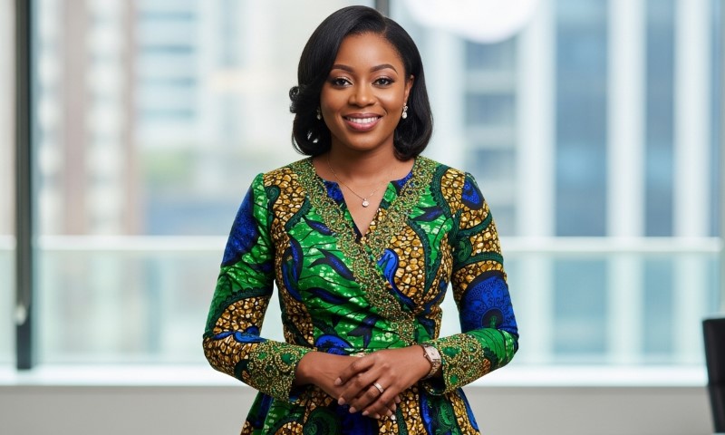 Professional business woman wearing dress with African motifs