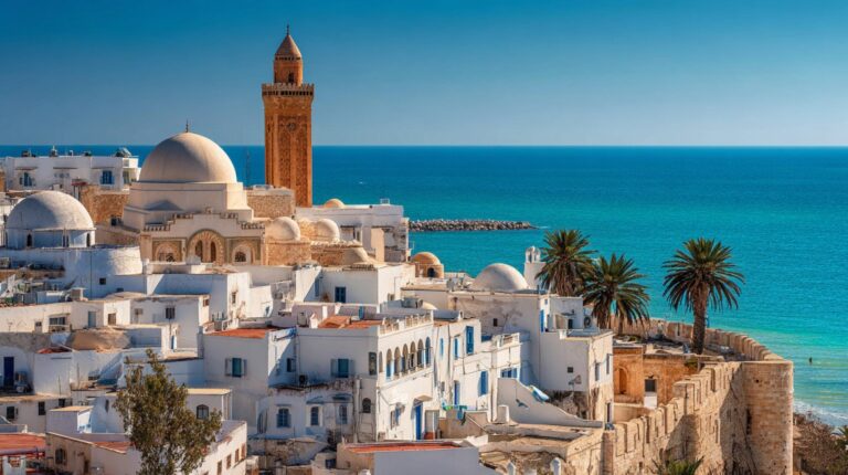 Whitewashed buildings and a historic mosque with a tall minaret overlooking the turquoise Mediterranean Sea in Tunisia