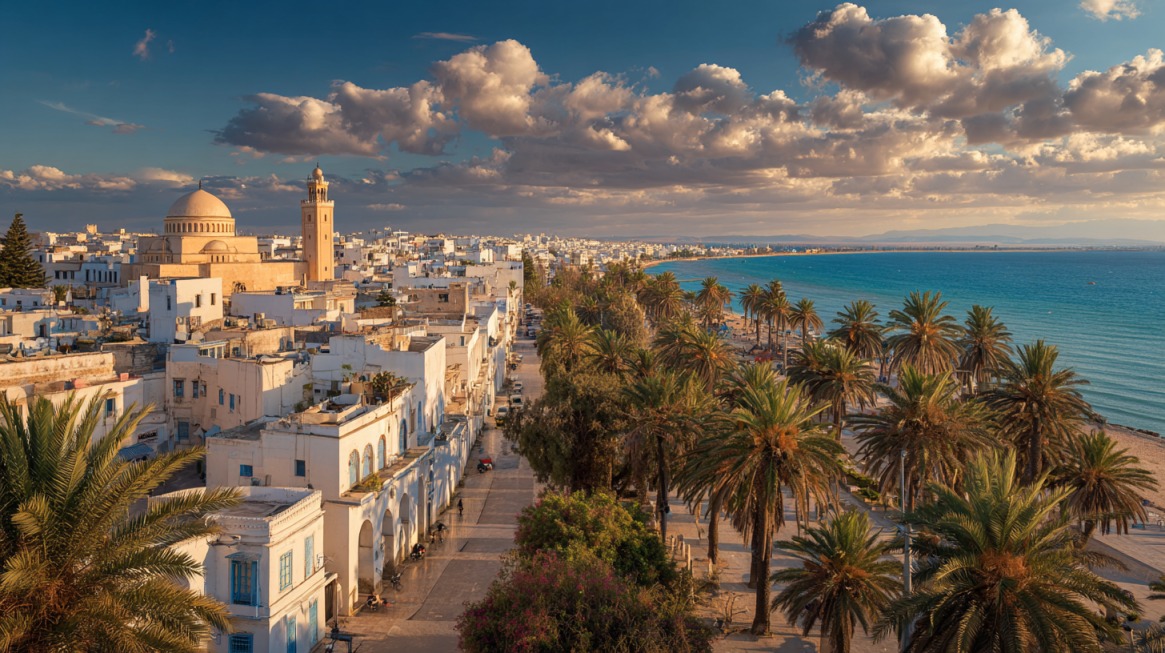 Panoramic view of a Tunisian coastal city with white buildings, a mosque dome and minaret, palm trees, and the Mediterranean Sea under dramatic clouds