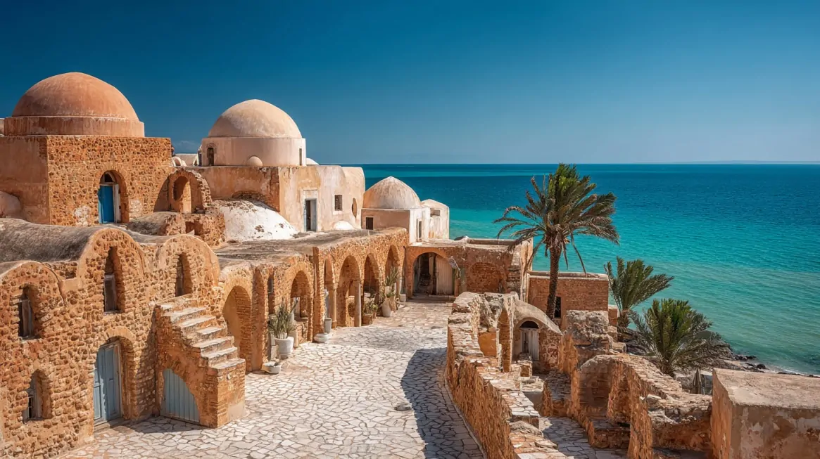Historic stone buildings with domes and arches overlooking bright blue Mediterranean waters in Tunisia