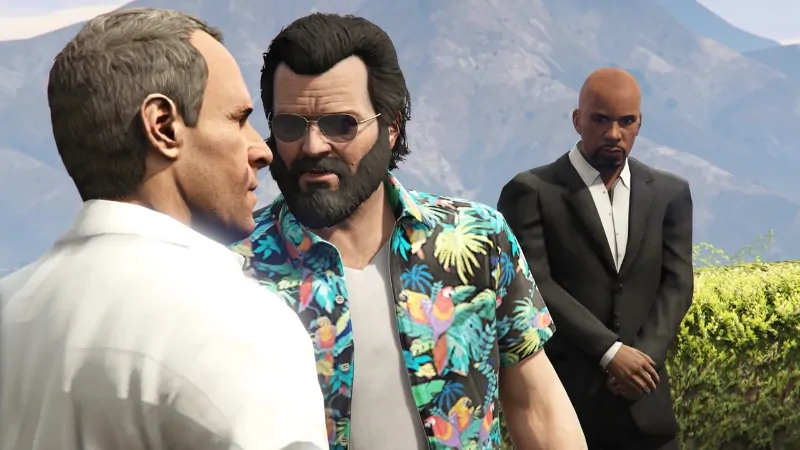Three Grand Theft Auto V characters stand outdoors during a story scene