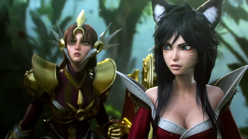 Two League of Legends champions stand in armor, ready for battle in a forest setting