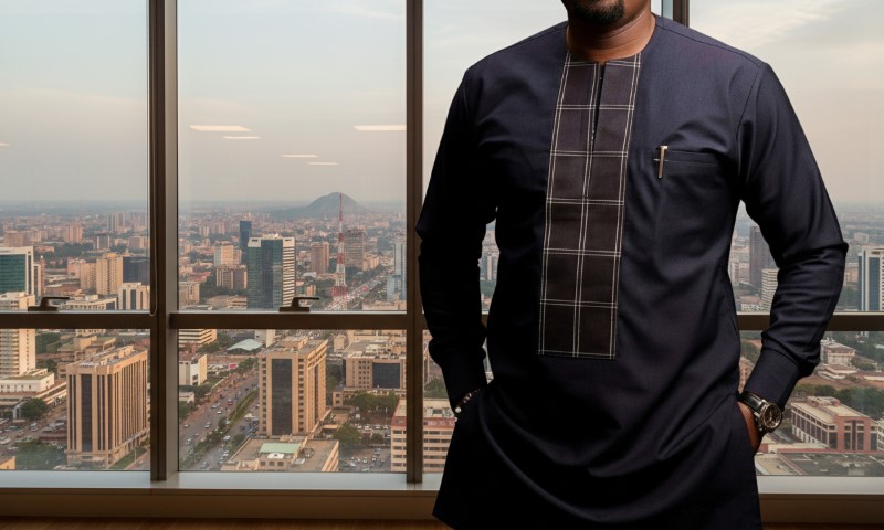 A person in a dark, traditional outfit stands in front of a large window