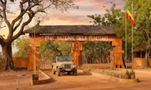 Jeep under the entrance arch of Pendjari National Park, surrounded by trees