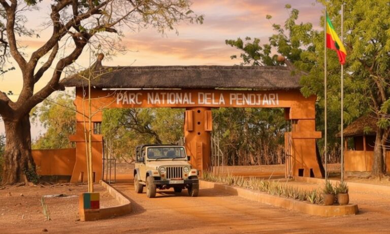 Jeep under the entrance arch of Pendjari National Park, surrounded by trees