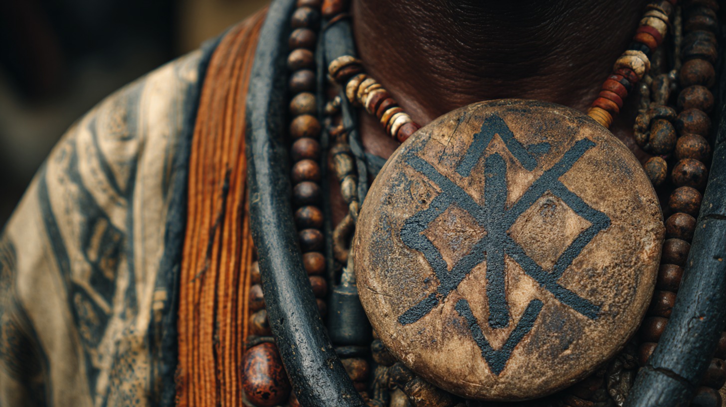 Close up of a round wooden pendant with a dark geometric symbol, worn with layered bead necklaces and natural fiber garments